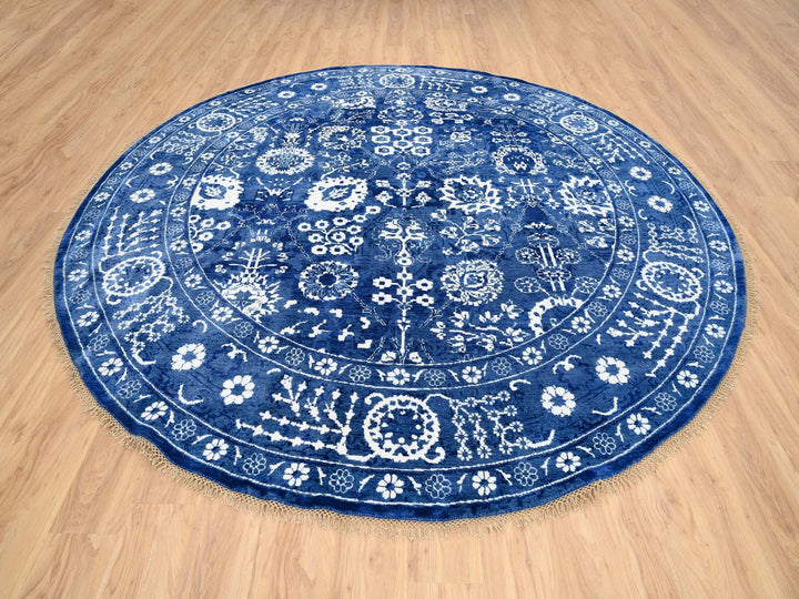 10'2" x 10'2" New Hand Knotted Blue Wool & Silk Round Oriental Rug - MOA10264847