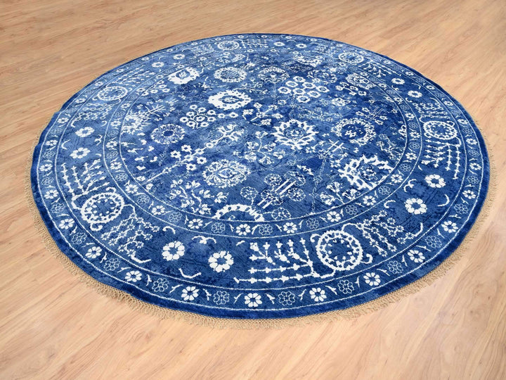 10'2" x 10'2" New Hand Knotted Blue Wool & Silk Round Oriental Rug - MOA10264847