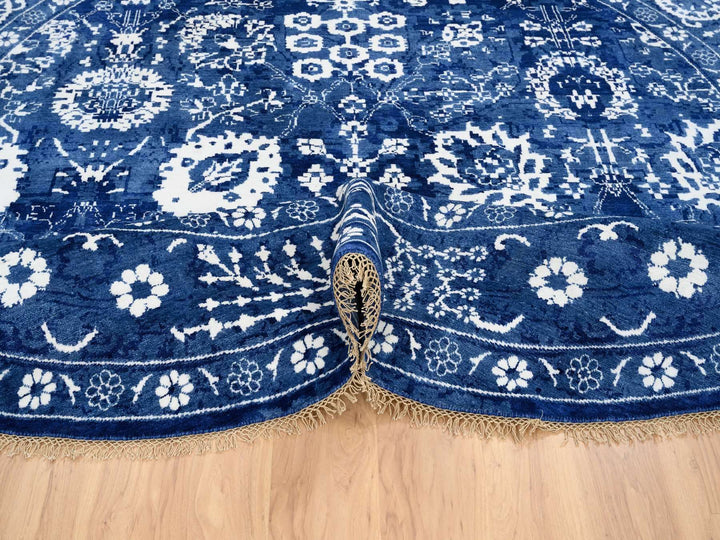 10'2" x 10'2" New Hand Knotted Blue Wool & Silk Round Oriental Rug - MOA10264847