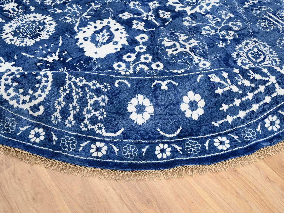 10'2" x 10'2" New Hand Knotted Blue Wool & Silk Round Oriental Rug - MOA10264847