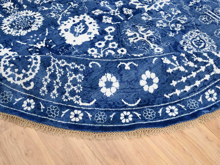 10'2" x 10'2" New Hand Knotted Blue Wool & Silk Round Oriental Rug - MOA10264847