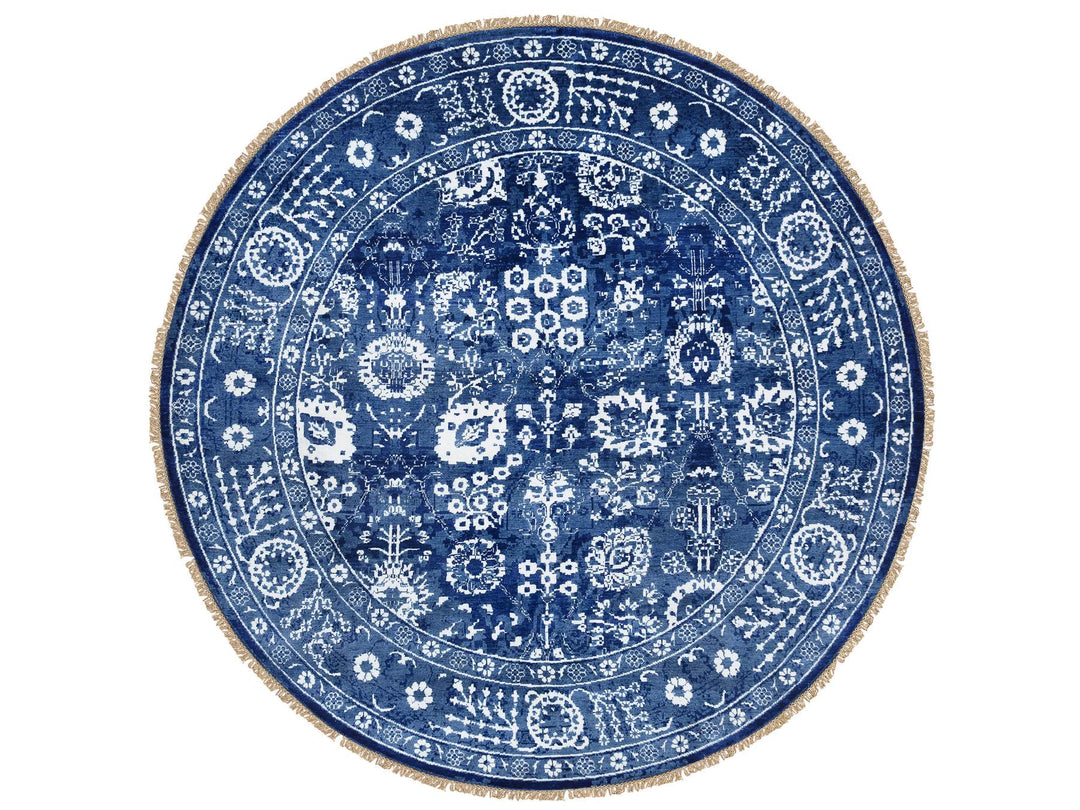 8'2" x 8'2" New Hand Knotted Blue Wool & Silk Round Oriental Rug - MOA10264849