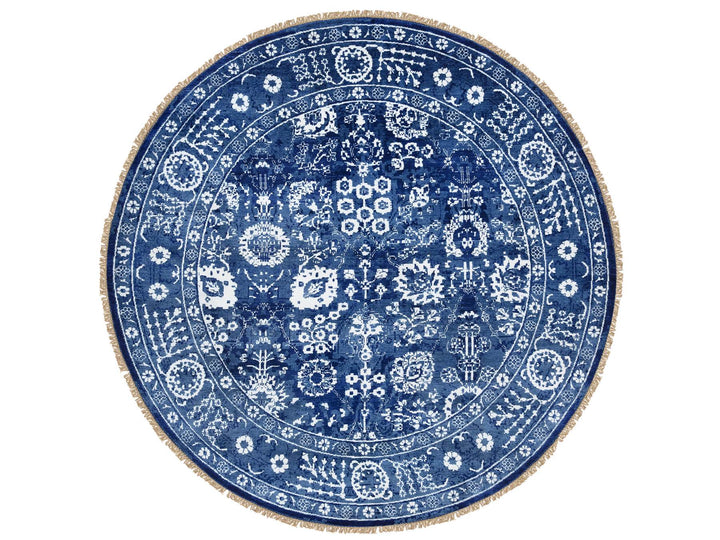 8'2" x 8'2" New Hand Knotted Blue Wool & Silk Round Oriental Rug - MOA10264849