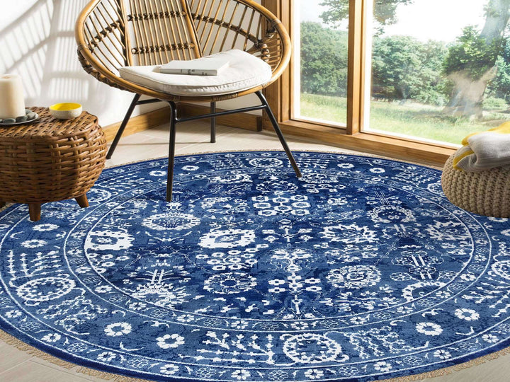8'2" x 8'2" New Hand Knotted Blue Wool & Silk Round Oriental Rug - MOA10264849