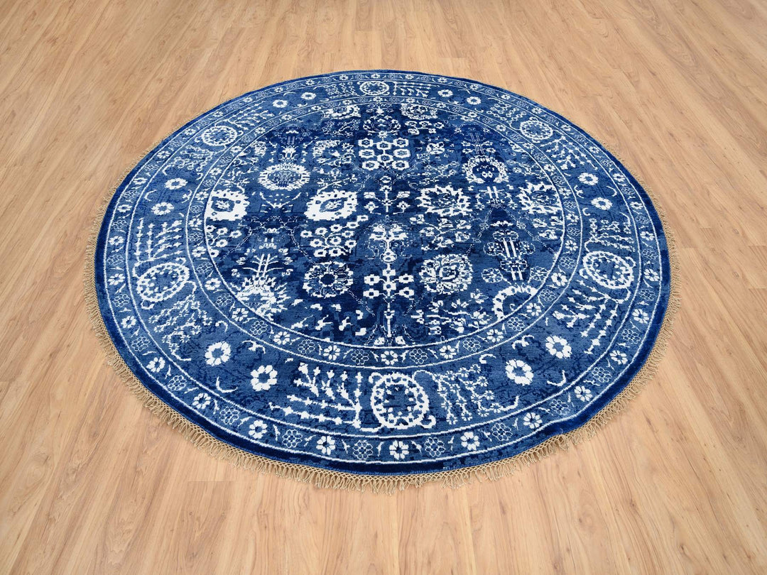 8'2" x 8'2" New Hand Knotted Blue Wool & Silk Round Oriental Rug - MOA10264849