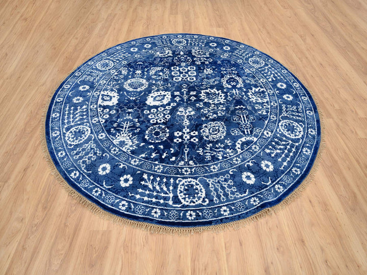 8'2" x 8'2" New Hand Knotted Blue Wool & Silk Round Oriental Rug - MOA10264849