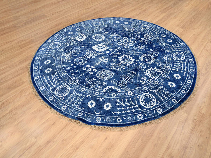 8'2" x 8'2" New Hand Knotted Blue Wool & Silk Round Oriental Rug - MOA10264849
