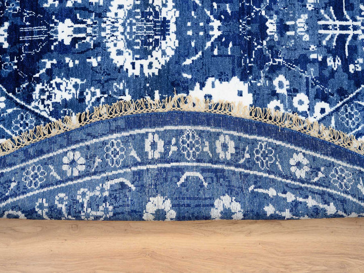 8'2" x 8'2" New Hand Knotted Blue Wool & Silk Round Oriental Rug - MOA10264849