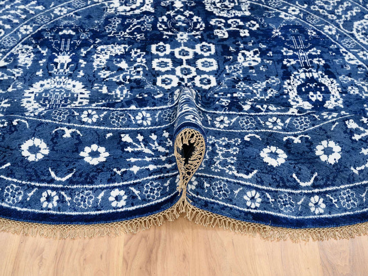 8'2" x 8'2" New Hand Knotted Blue Wool & Silk Round Oriental Rug - MOA10264849