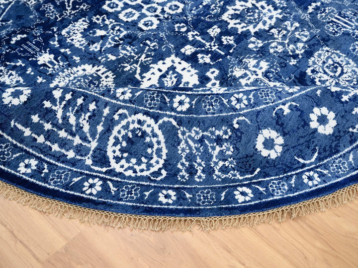8'2" x 8'2" New Hand Knotted Blue Wool & Silk Round Oriental Rug - MOA10264849