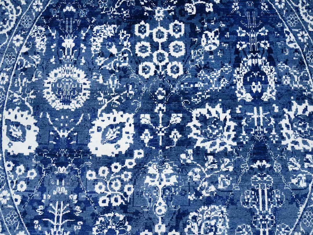 8'2" x 8'2" New Hand Knotted Blue Wool & Silk Round Oriental Rug - MOA10264849