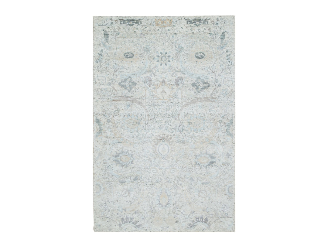 6'1" x 9'0" New Hand Knotted Ivory Wool & Silk Rectangle Oriental Rug - MOA10264898