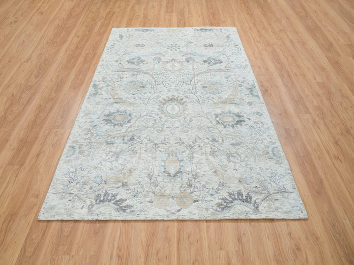 6'1" x 9'0" New Hand Knotted Ivory Wool & Silk Rectangle Oriental Rug - MOA10264898