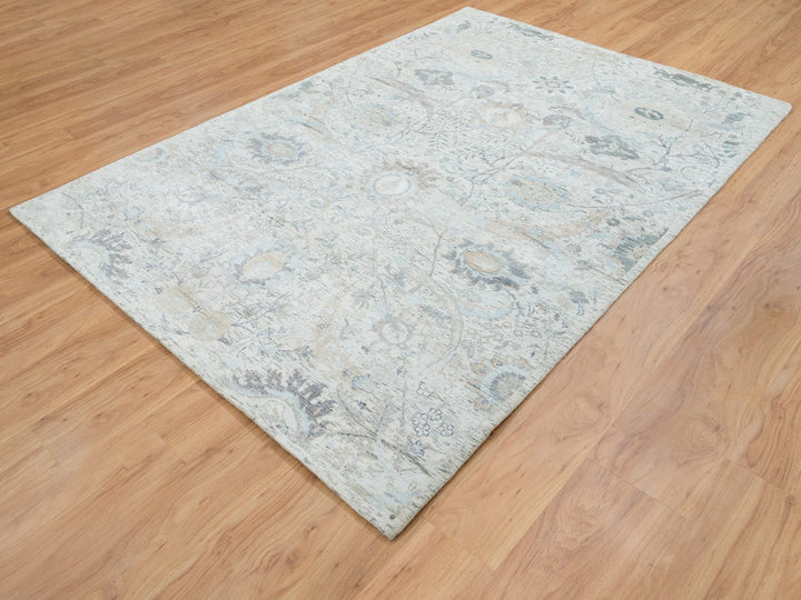6'1" x 9'0" New Hand Knotted Ivory Wool & Silk Rectangle Oriental Rug - MOA10264898