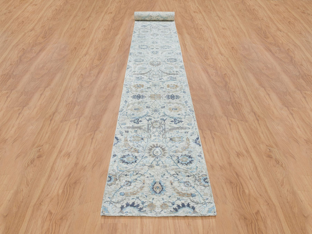 2'6" x 23'10" New Hand Knotted Ivory Wool & Silk Runner Oriental Rug - MOA10264903