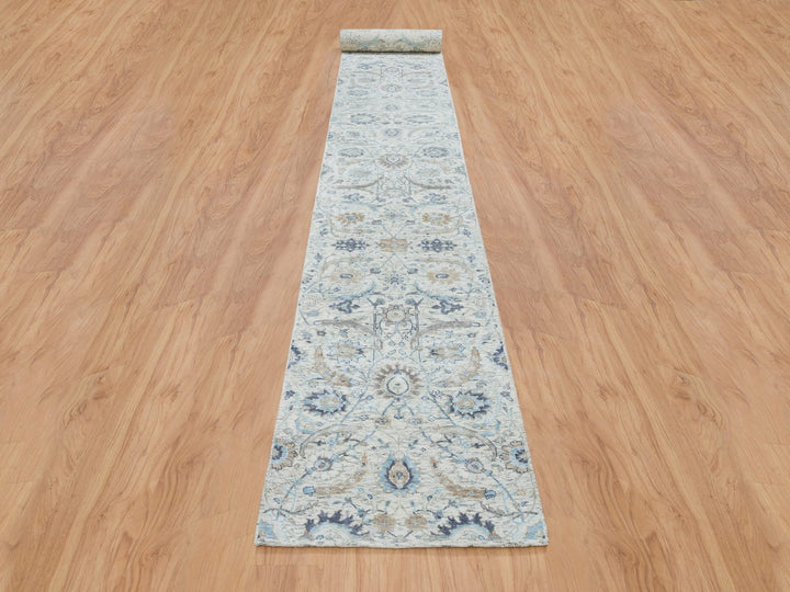 2'6" x 23'10" New Hand Knotted Ivory Wool & Silk Runner Oriental Rug - MOA10264903