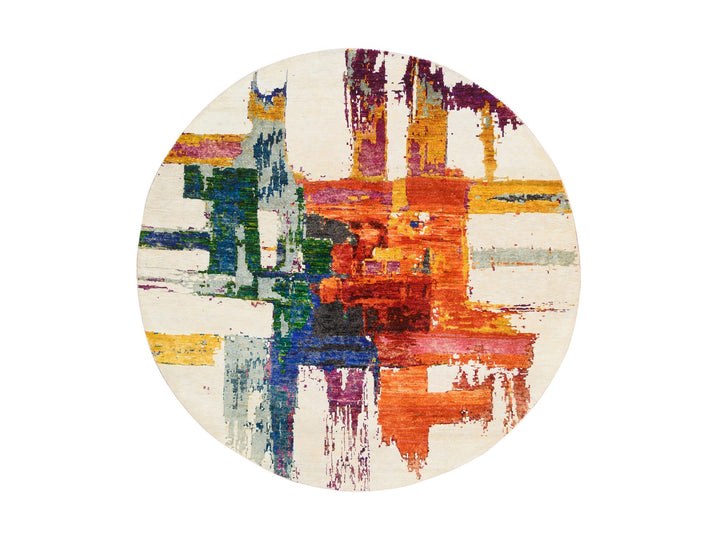5'0" x 5'0" New Hand Knotted Multicolored Wool & Sari Silk Round Oriental Rug - MOA10264906