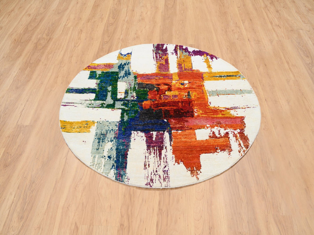 5'0" x 5'0" New Hand Knotted Multicolored Wool & Sari Silk Round Oriental Rug - MOA10264906