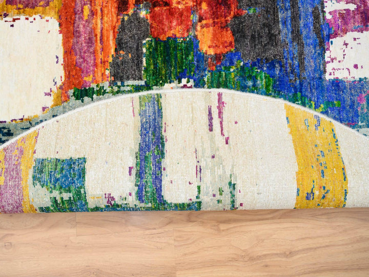 5'0" x 5'0" New Hand Knotted Multicolored Wool & Sari Silk Round Oriental Rug - MOA10264906