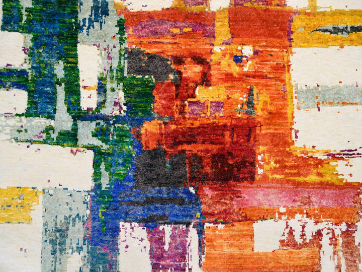 5'0" x 5'0" New Hand Knotted Multicolored Wool & Sari Silk Round Oriental Rug - MOA10264906