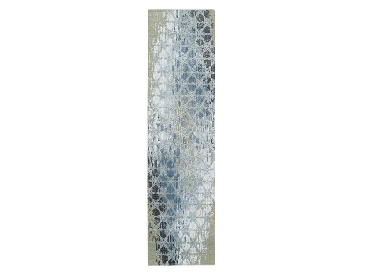 2'6" x 10'1" New Hand Knotted Grey Wool & Silk Runner Oriental Rug - MOA10265018