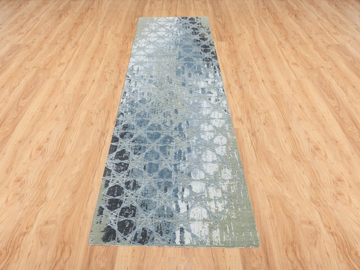 2'6" x 10'1" New Hand Knotted Grey Wool & Silk Runner Oriental Rug - MOA10265018