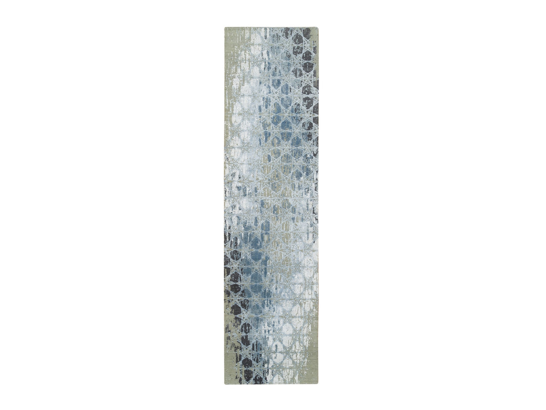 2'6" x 10'0" New Hand Knotted Grey Wool & Silk Runner Oriental Rug - MOA10265019