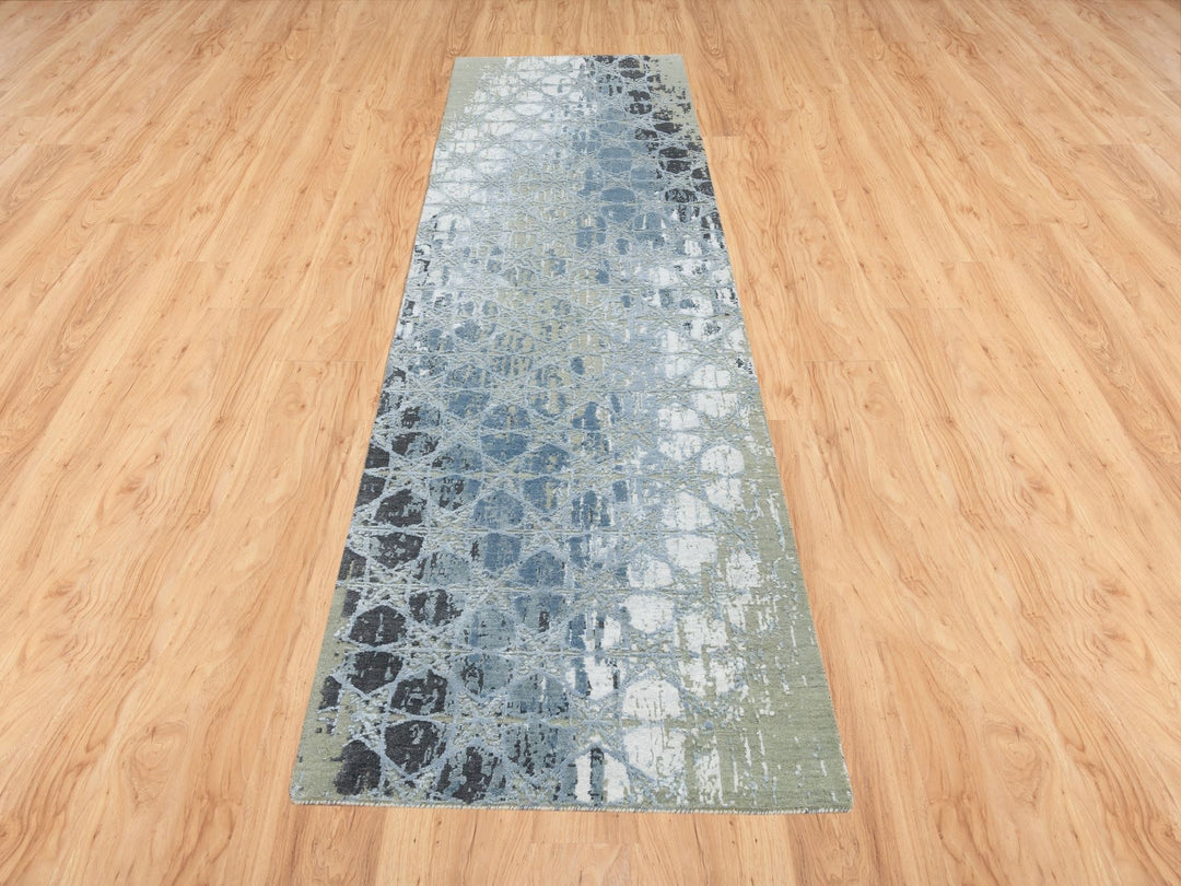 2'6" x 10'0" New Hand Knotted Grey Wool & Silk Runner Oriental Rug - MOA10265019