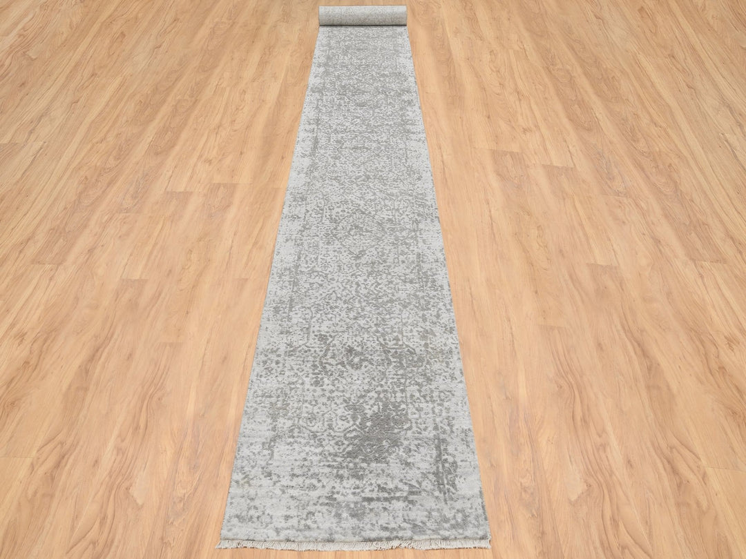 2'7" x 20'0" New Hand Knotted Grey Wool & Silk Runner Oriental Rug - MOA10265021