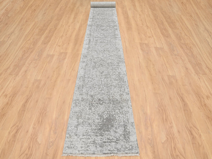2'7" x 20'0" New Hand Knotted Grey Wool & Silk Runner Oriental Rug - MOA10265021