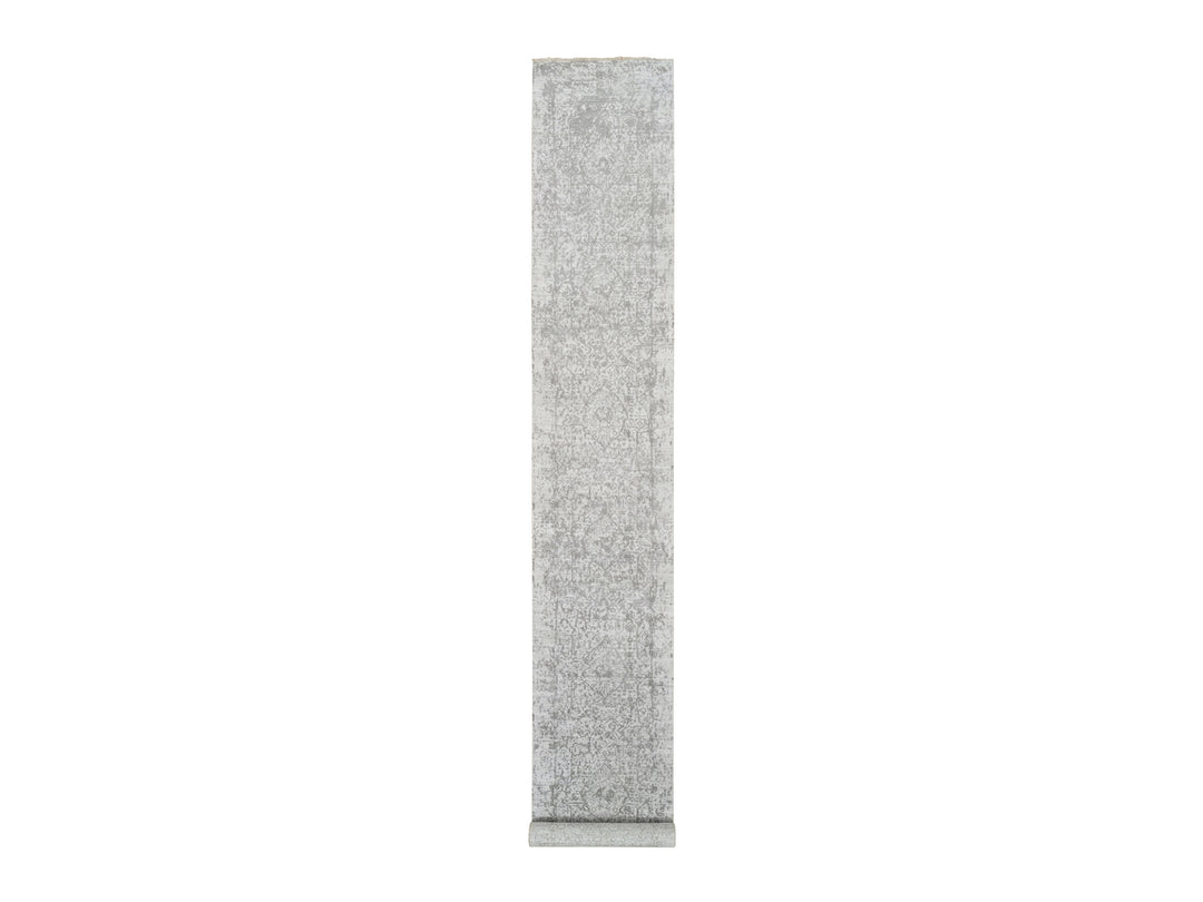 2'7" x 17'7" New Hand Knotted Grey Wool & Silk Runner Oriental Rug - MOA10265022