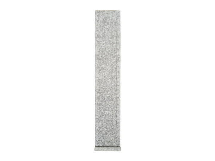 2'7" x 17'7" New Hand Knotted Grey Wool & Silk Runner Oriental Rug - MOA10265022