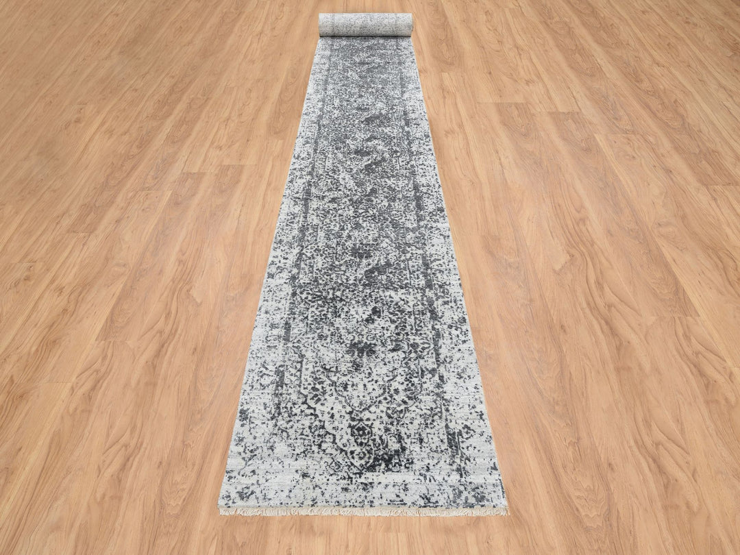 2'7" x 23'9" New Hand Knotted Grey Wool & Silk Runner Oriental Rug - MOA10265023
