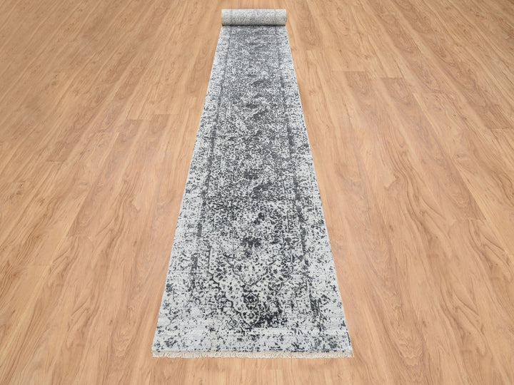 2'7" x 23'9" New Hand Knotted Grey Wool & Silk Runner Oriental Rug - MOA10265023
