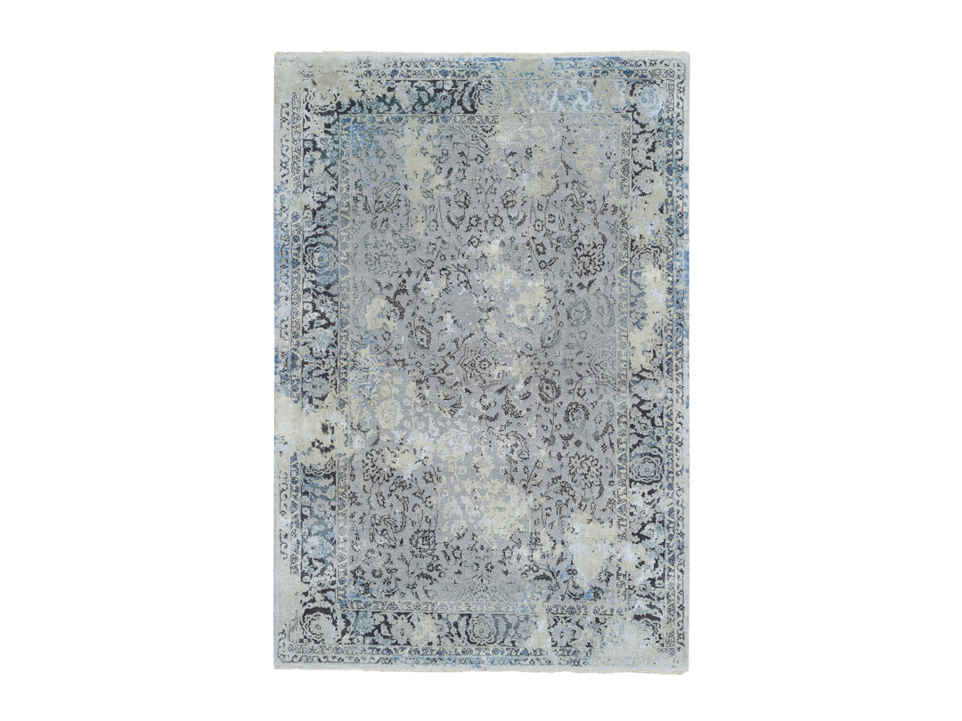 6'0" x 9'0" New Hand Knotted Grey Wool & Silk Rectangle Oriental Rug - MOA10265025