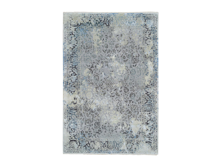 6'0" x 9'0" New Hand Knotted Grey Wool & Silk Rectangle Oriental Rug - MOA10265025