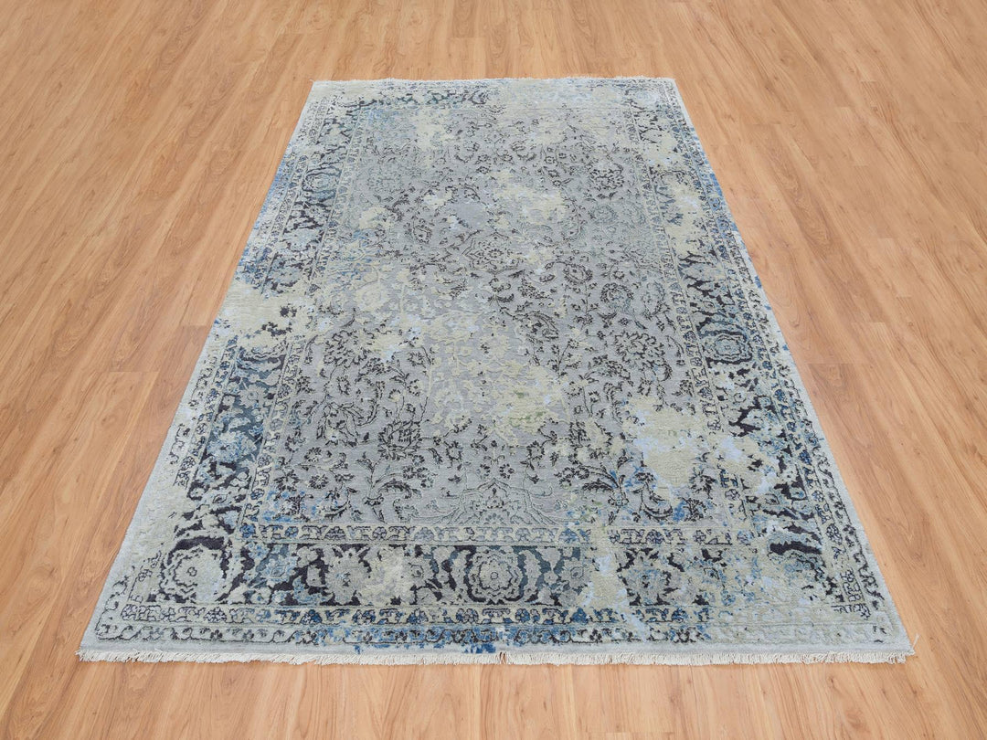 6'0" x 9'0" New Hand Knotted Grey Wool & Silk Rectangle Oriental Rug - MOA10265025
