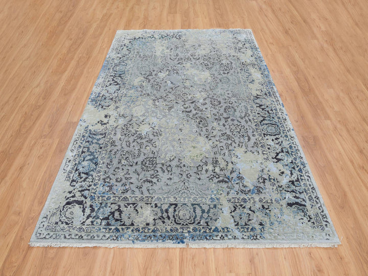 6'0" x 9'0" New Hand Knotted Grey Wool & Silk Rectangle Oriental Rug - MOA10265025