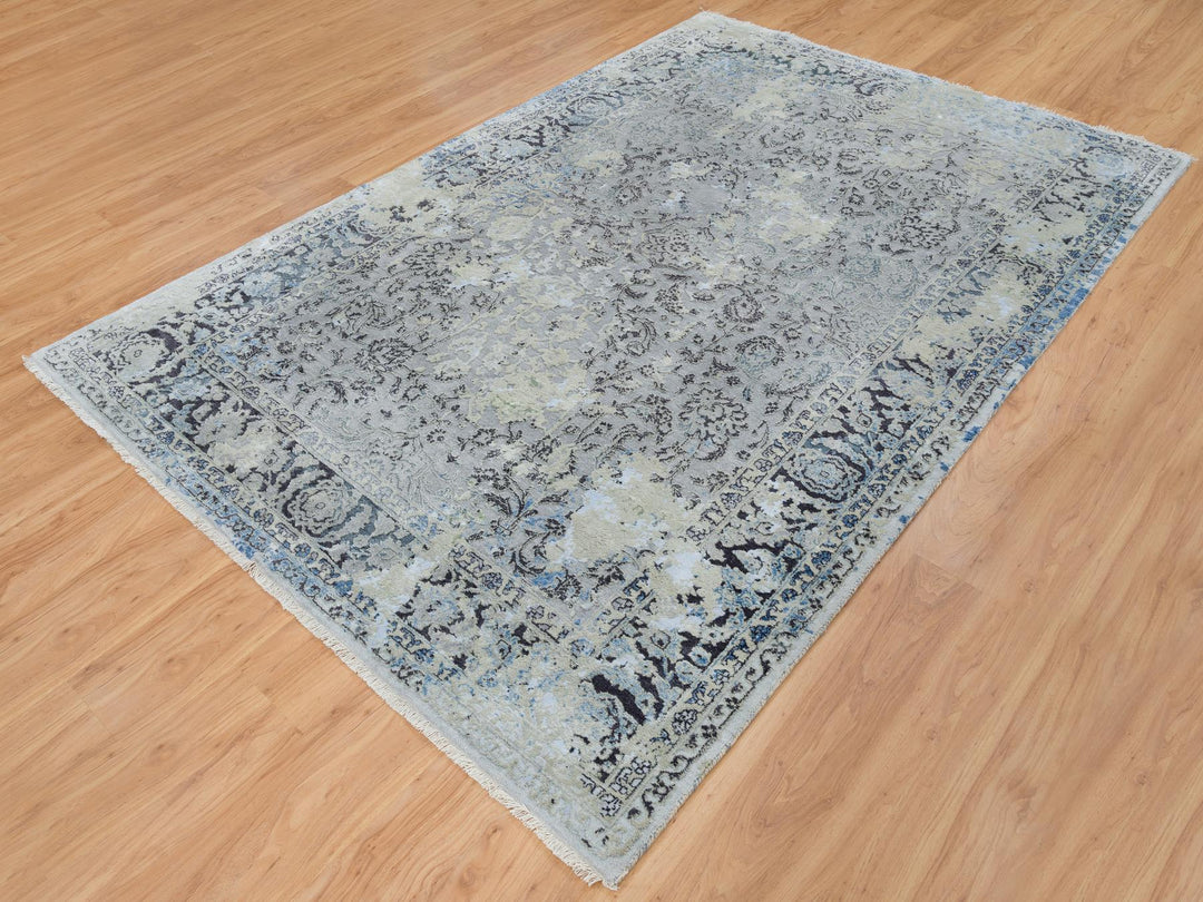 6'0" x 9'0" New Hand Knotted Grey Wool & Silk Rectangle Oriental Rug - MOA10265025