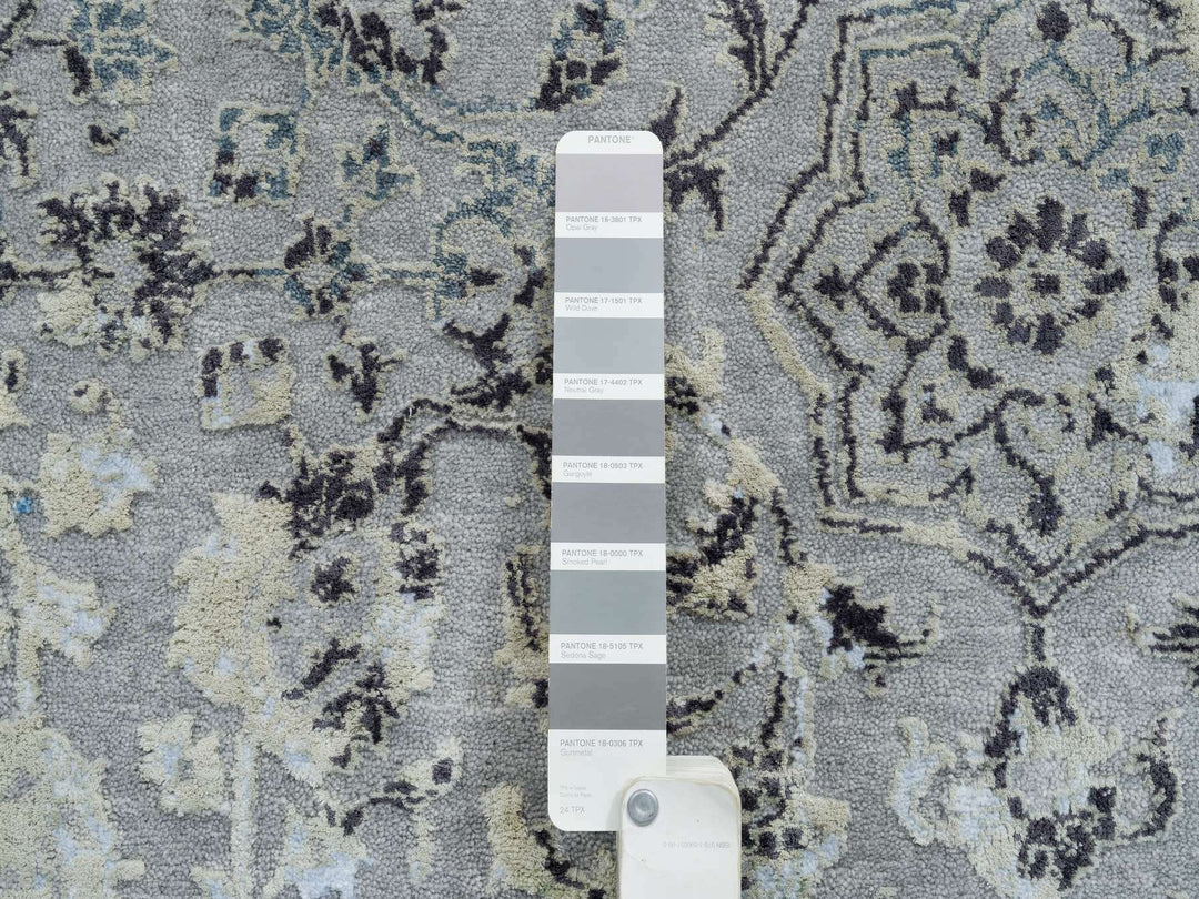 6'0" x 9'0" New Hand Knotted Grey Wool & Silk Rectangle Oriental Rug - MOA10265025