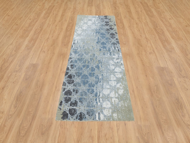 2'6" x 8'3" New Hand Knotted Grey Wool & Silk Runner Oriental Rug - MOA10265027