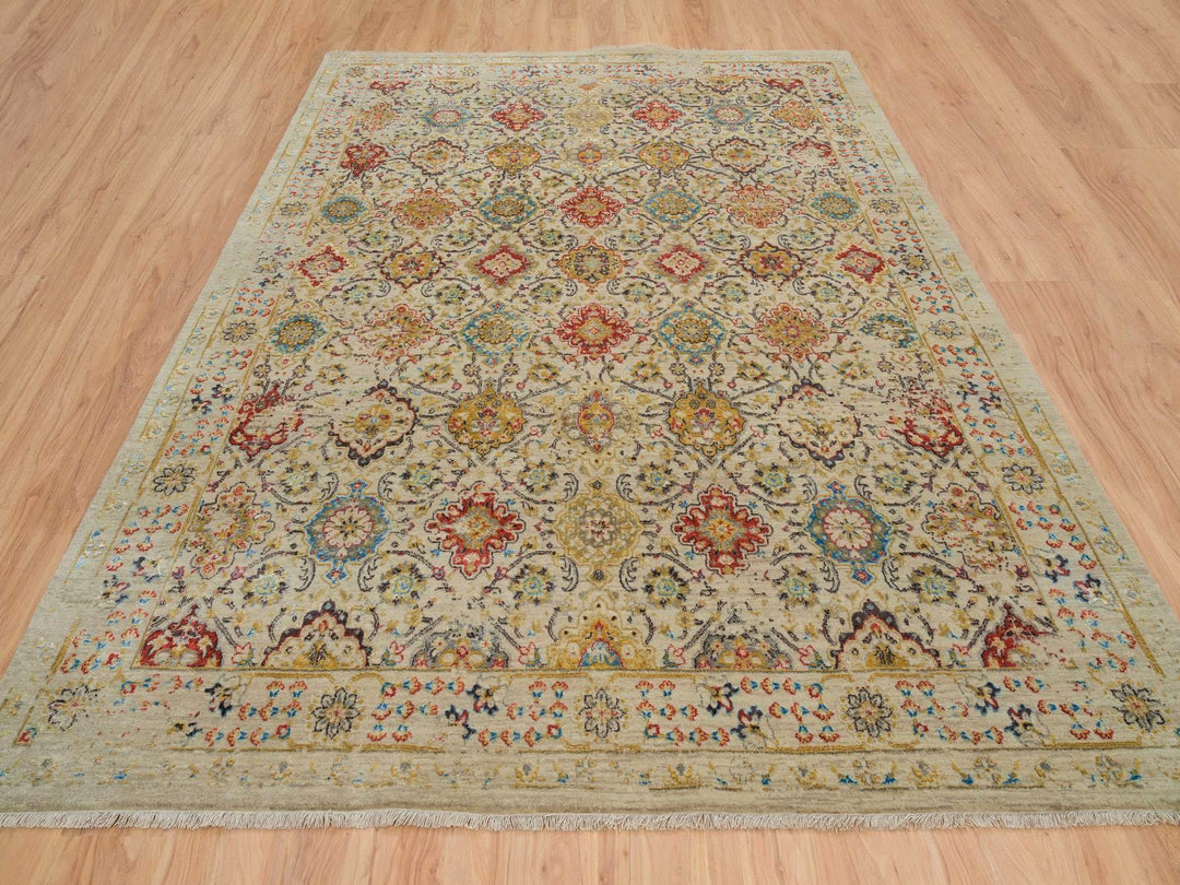 8'2" x 10'2" New Hand Knotted Beige Wool & Silk Rectangle Oriental Rug - MOA10265029