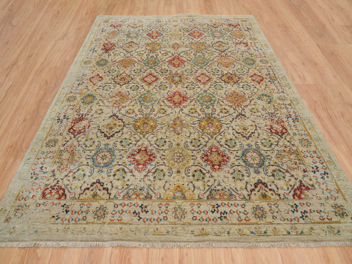 8'2" x 10'2" New Hand Knotted Beige Wool & Silk Rectangle Oriental Rug - MOA10265029