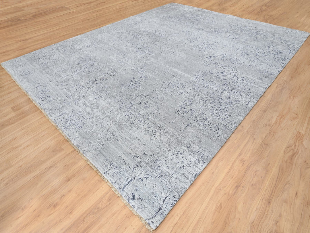 11'9" x 15'0" New Hand Knotted Grey Wool & Silk Rectangle Oriental Rug - MOA10265042