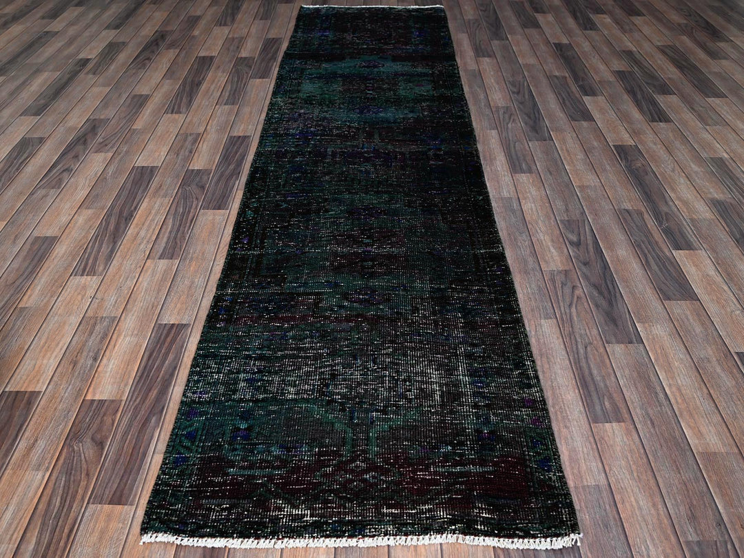 2'8" x 9'6" Vintage Hand Knotted Overdyed Wool Runner Oriental Rug - MOA102650