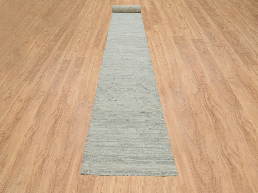 2'6" x 25'10" New Hand Knotted Grey Wool Runner Oriental Rug - MOA10265159