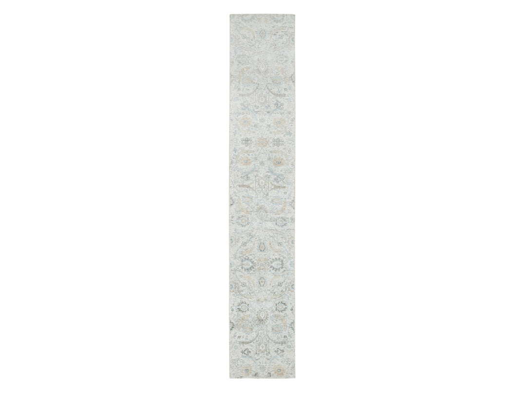 2'6" x 14'2" New Hand Knotted Ivory Wool & Silk Runner Oriental Rug - MOA10265174