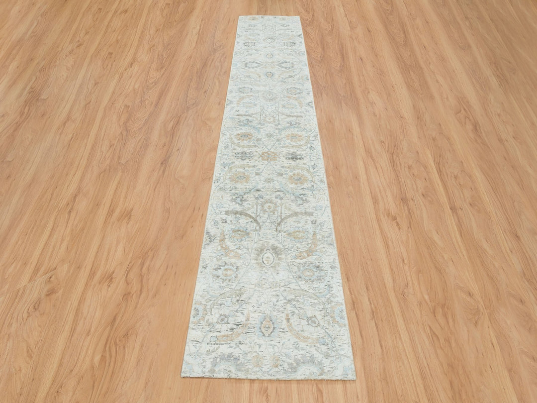 2'6" x 14'2" New Hand Knotted Ivory Wool & Silk Runner Oriental Rug - MOA10265174