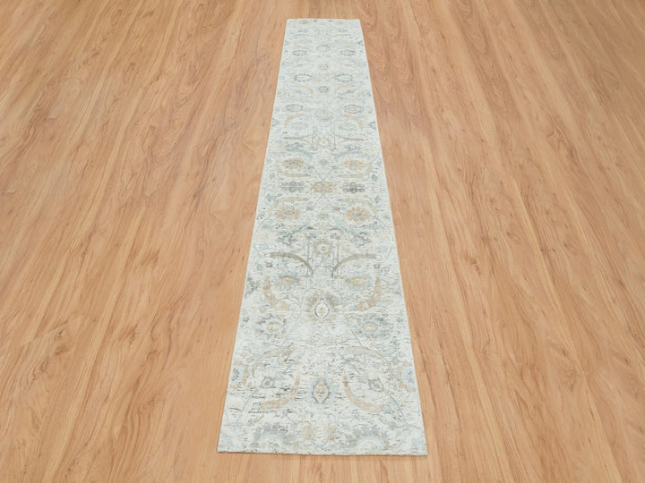 2'6" x 14'2" New Hand Knotted Ivory Wool & Silk Runner Oriental Rug - MOA10265174