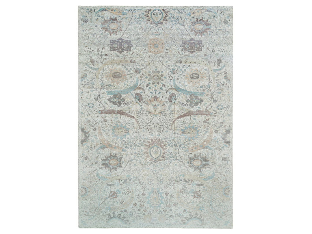 12'1" x 18'0" New Hand Knotted Ivory Wool & Silk Rectangle Oriental Rug - MOA10265178